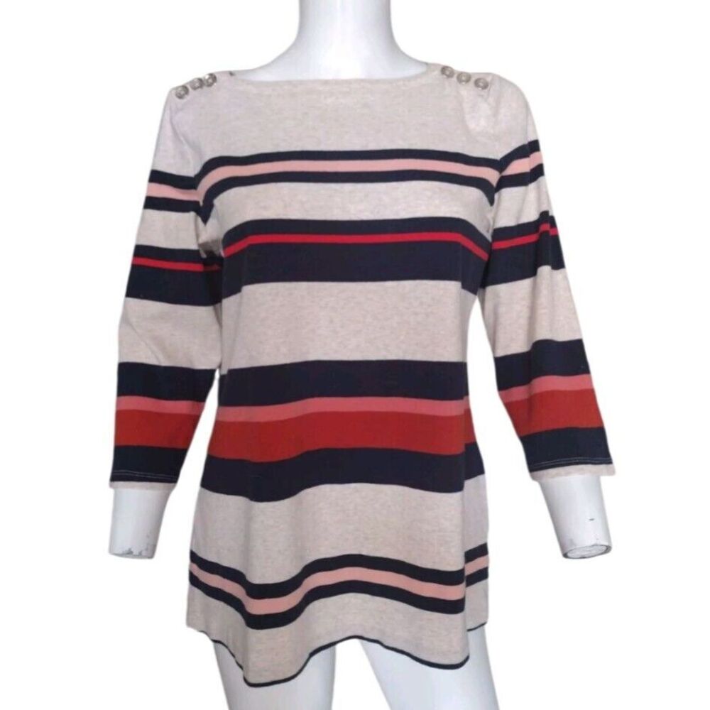 CROFT & BARROW Blouse Women L Beige Navy Striped Stretch 3/4 Sleeve Fall‎ Casual